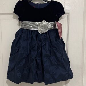 Girls Navy Velvet Bodice Formal Dress with Silver Sash